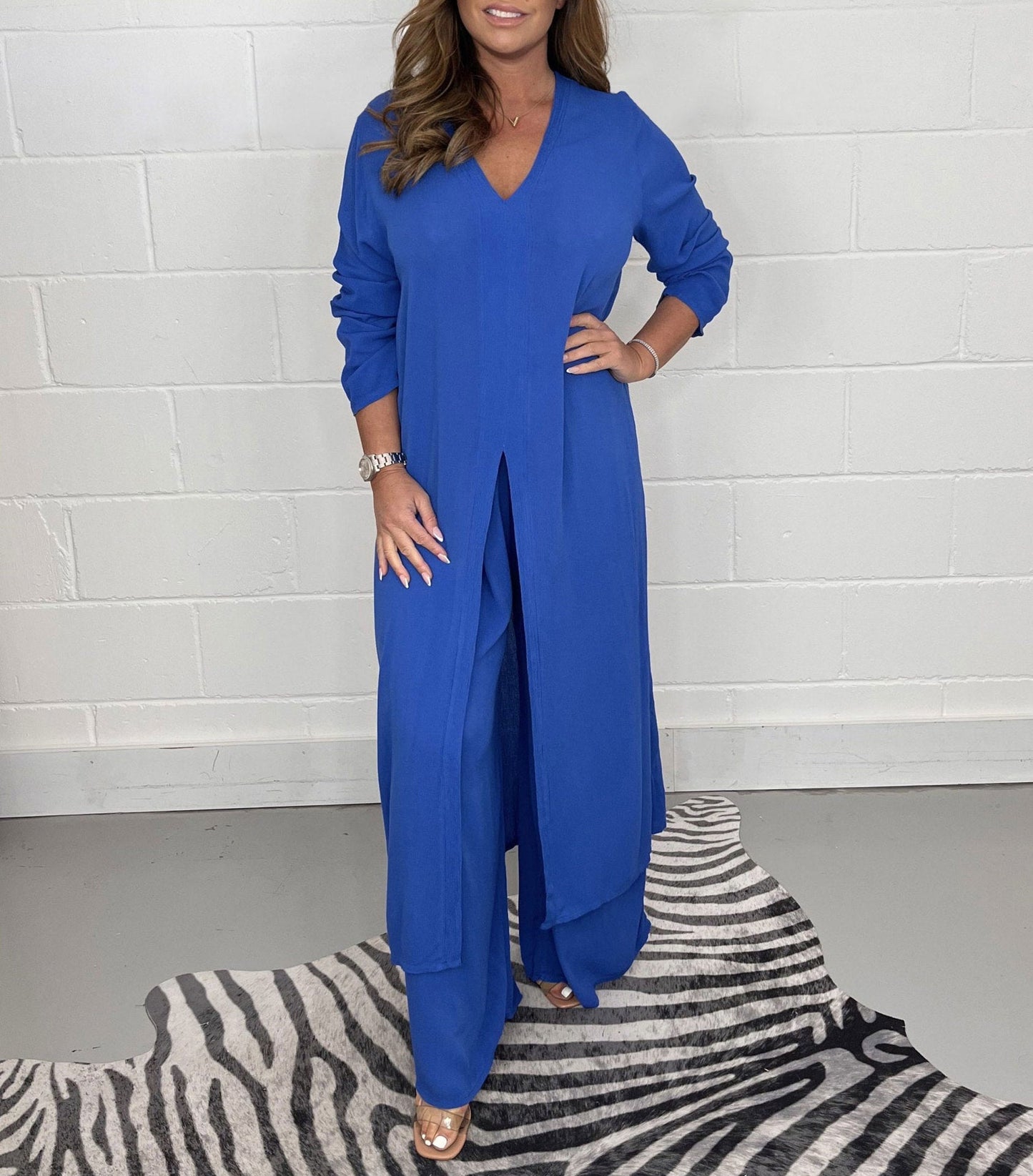 Costume deux pièces décontracté avec haut long et pantalon assorti Bleu