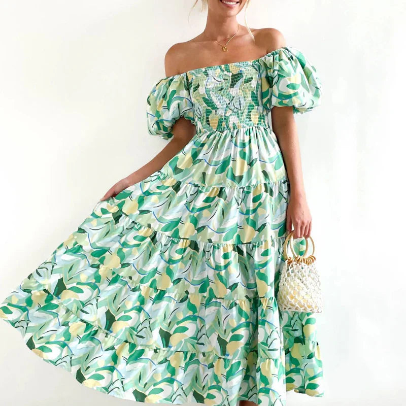 Robe Imprimée Stylishly Sorties Romantiques Feuilles Jaunes et Vertes