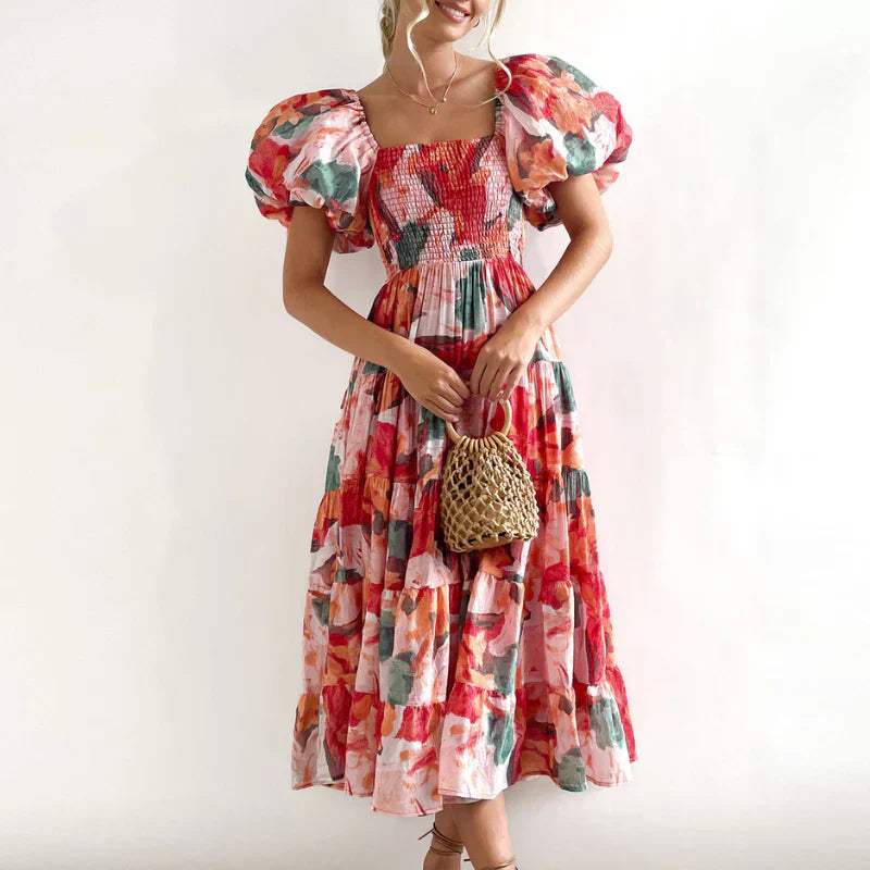 Robe Imprimée Stylishly Sorties Romantiques Fleur Rouge Flamboyante
