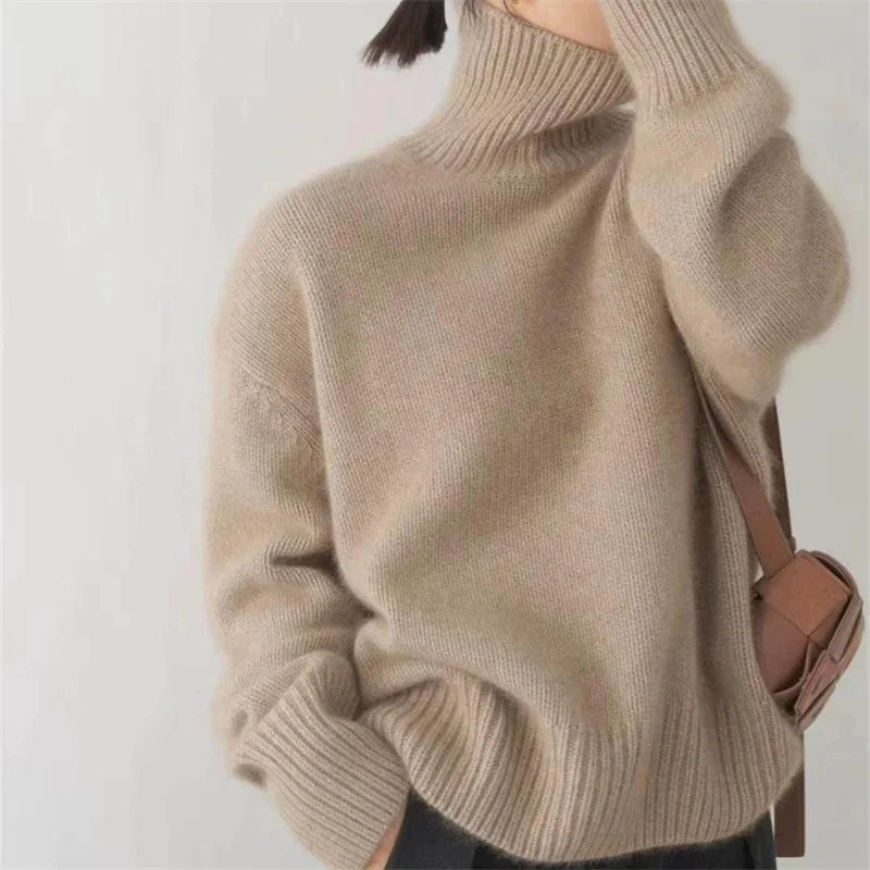 Pull Col Roulé Oversize en Cachemire kacki