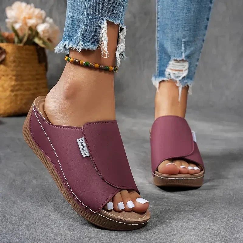 Lorena|Mules Compensées en Cuir Respirant Vin rouge