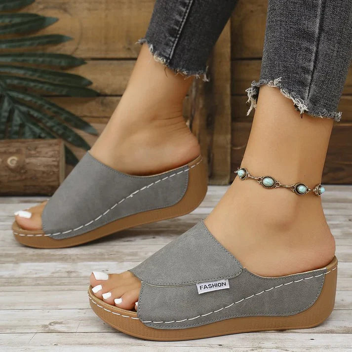 Lorena|Mules Compensées en Cuir Respirant Gris