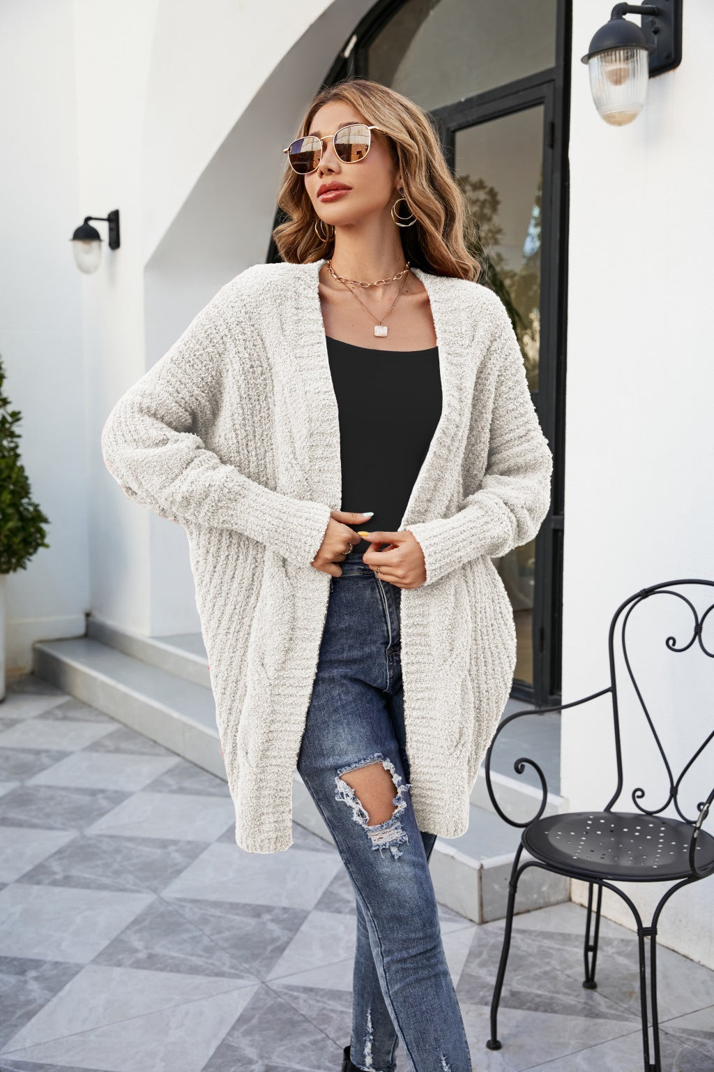 Cardigan Stylishly Décontracté en Tricot Apricot