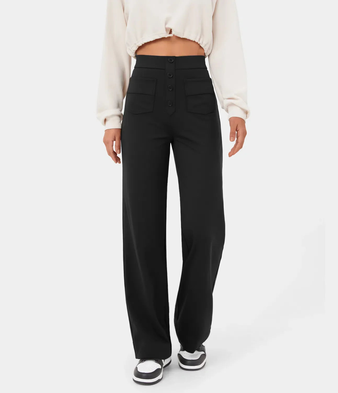 Pantalon Stylishly Taille Haute Extensible avec Poches Latérales Noir