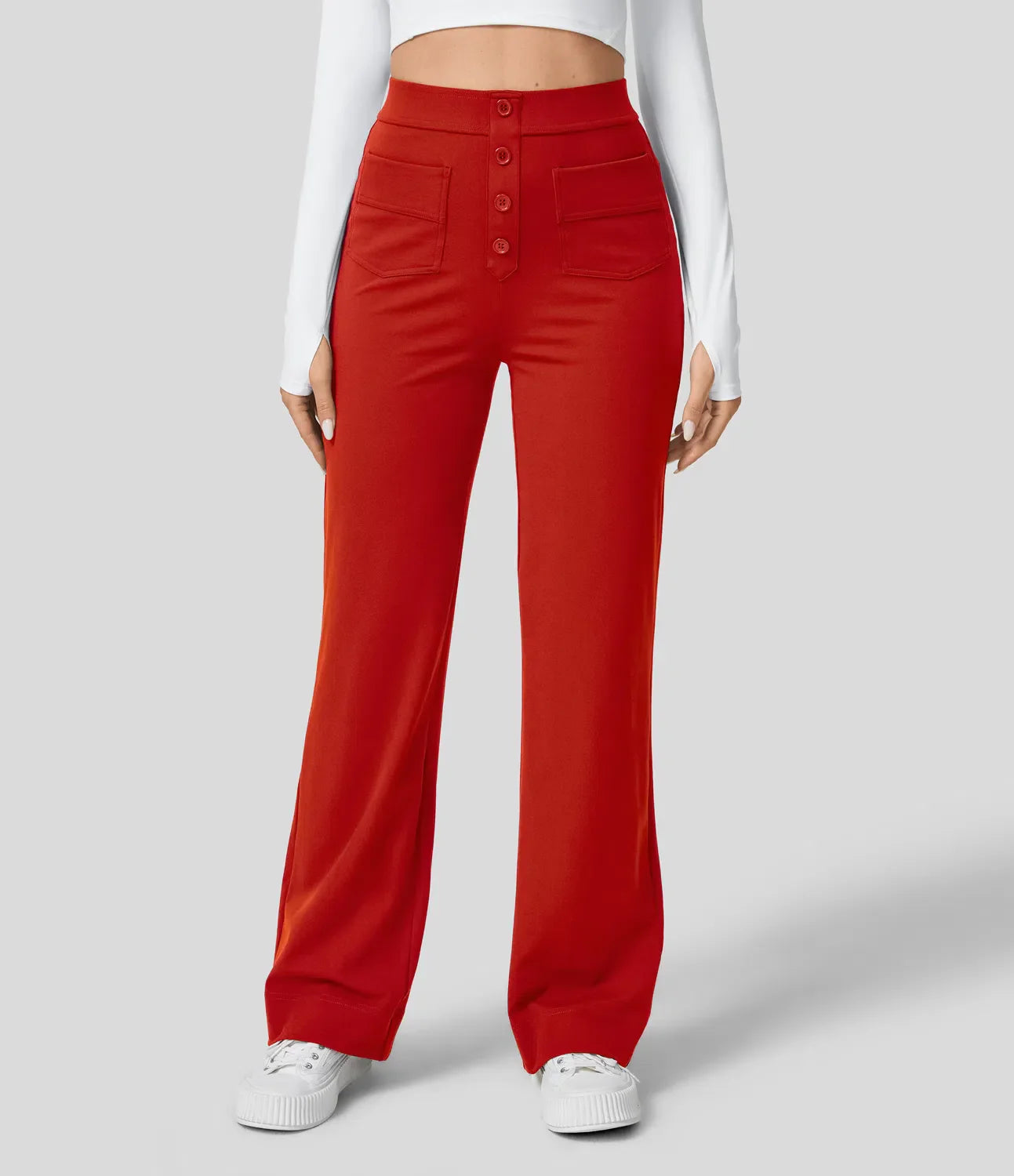 Pantalon Stylishly Taille Haute Extensible avec Poches Latérales Rouge