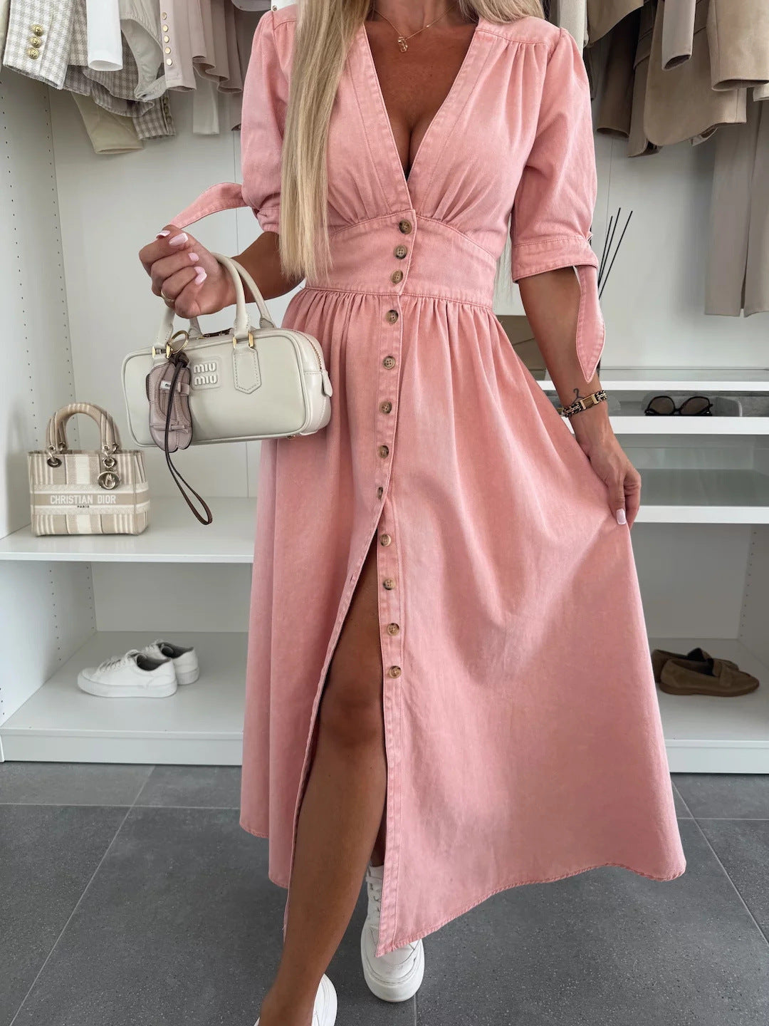 Julia|Robe Décolleté en Denim Chic Rose