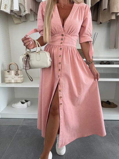 Julia|Robe Décolleté en Denim Chic Rose