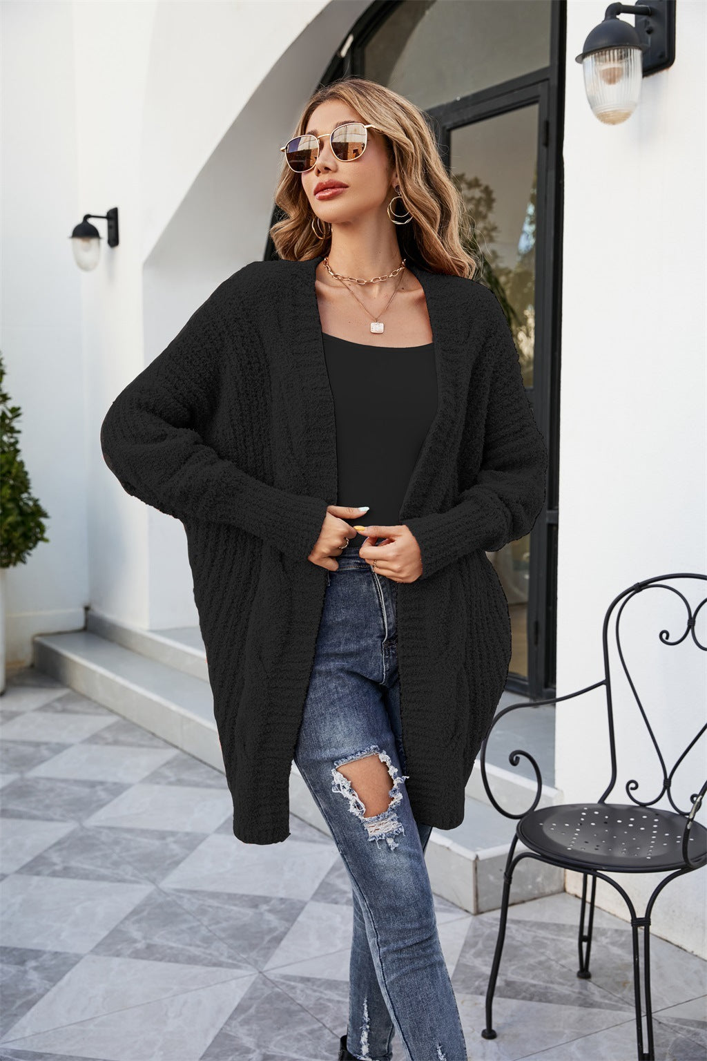 Cardigan Stylishly Décontracté en Tricot Noir