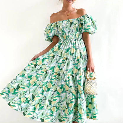 Robe Imprimée Stylishly Sorties Romantiques Feuilles Jaunes et Vertes