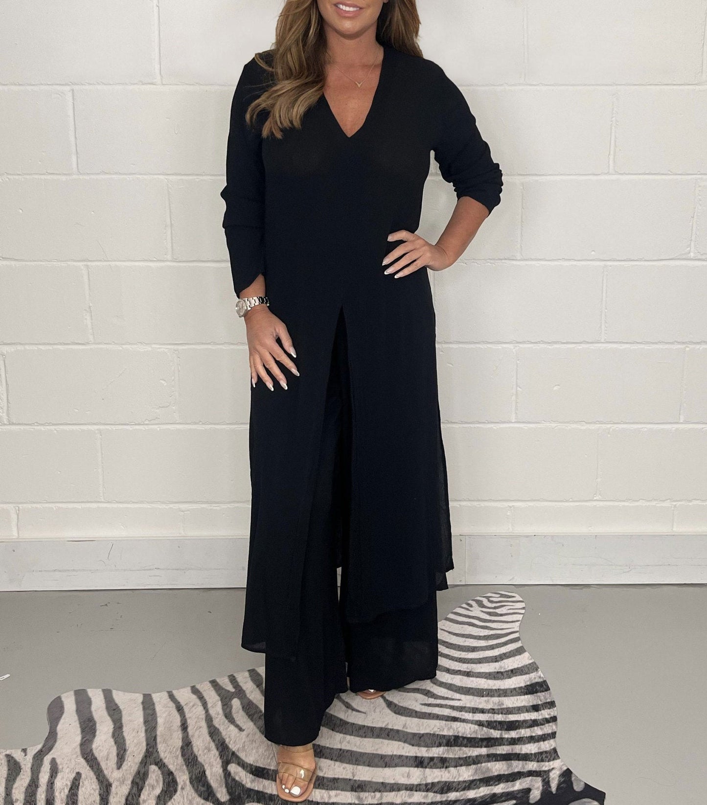 Costume deux pièces décontracté avec haut long et pantalon assorti Noir