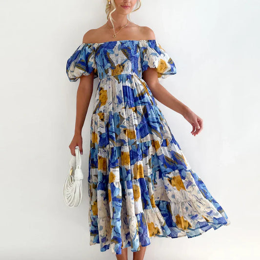 Robe Imprimée Stylishly Sorties Romantiques Fleur Bleu Glacier
