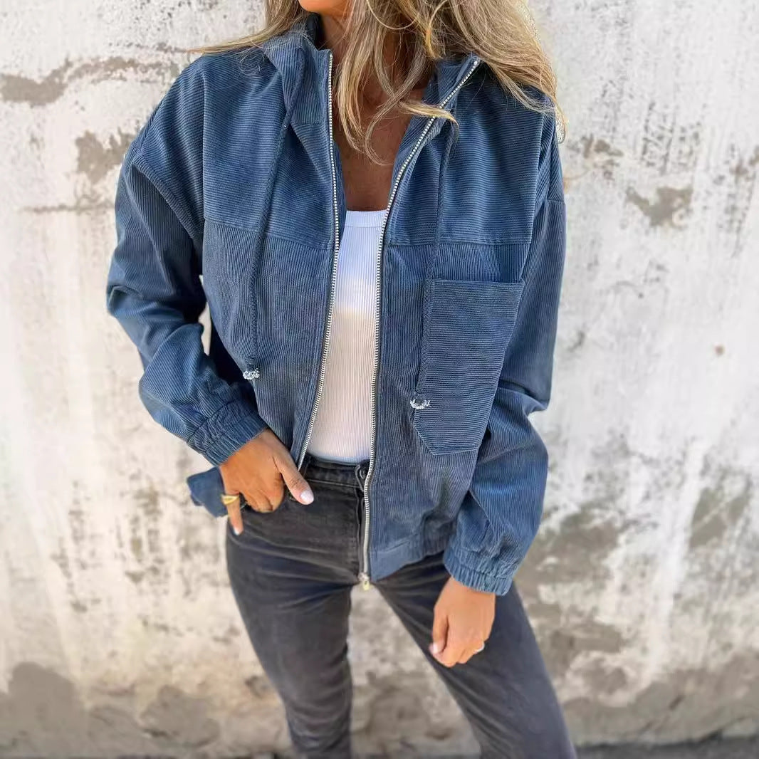 camille Manteau à Capuche en Velours Côtelé Bleu marine