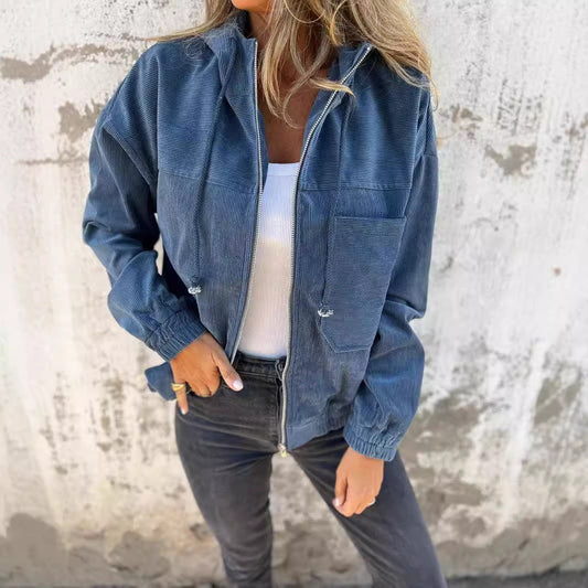 camille Manteau à Capuche en Velours Côtelé Bleu marine