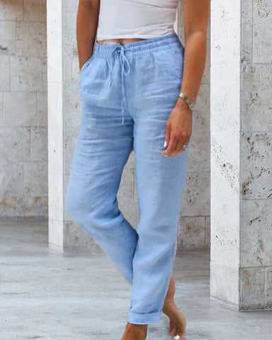 Pantalon Zano En Coton & Lin avec taille élastiqué Blue
