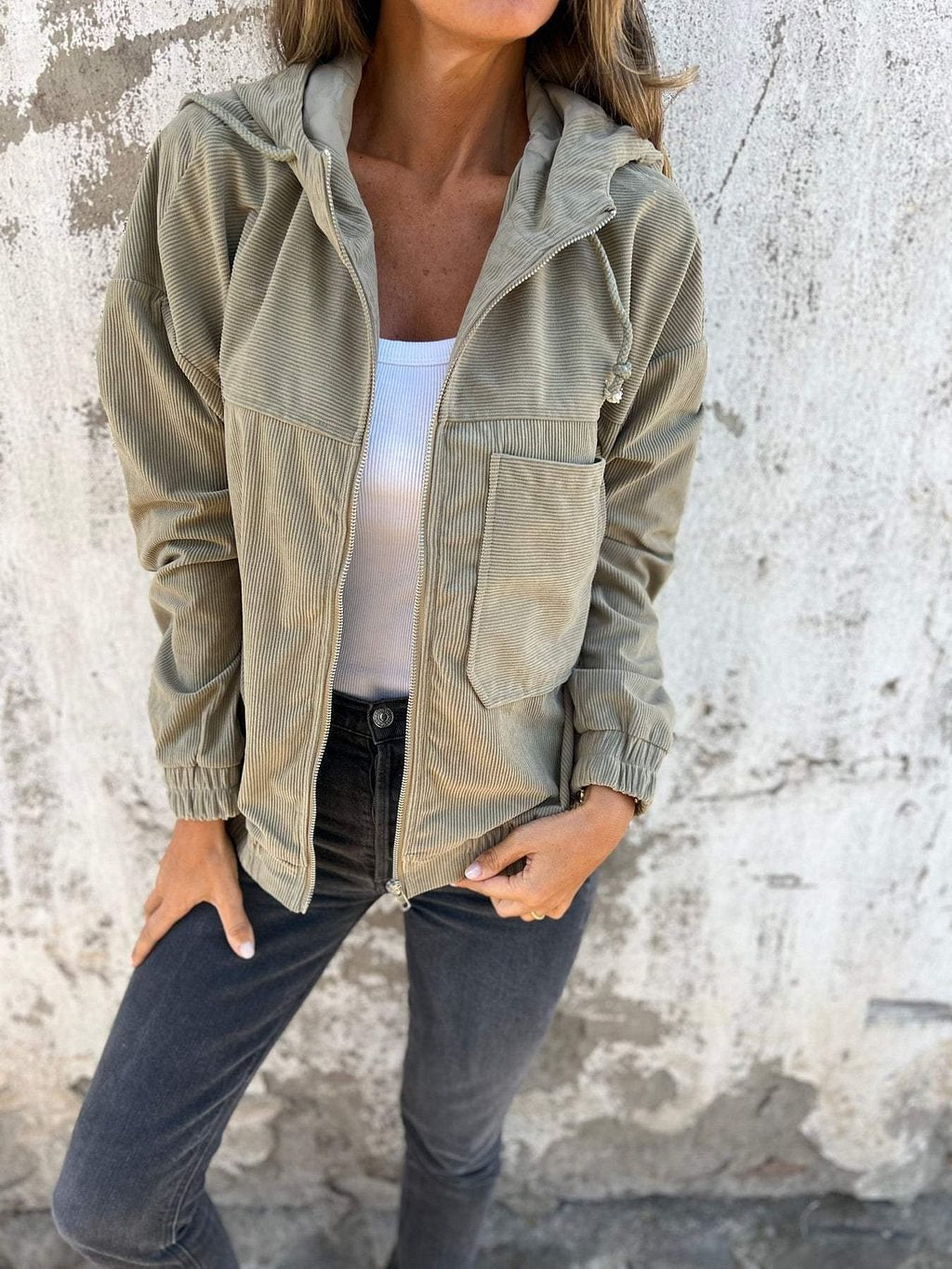 camille Manteau à Capuche en Velours Côtelé Kaki