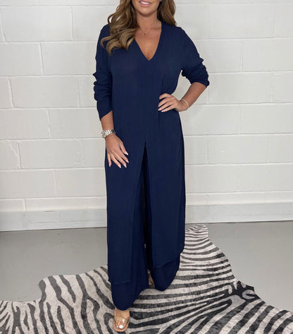 Costume deux pièces décontracté avec haut long et pantalon assorti Bleu foncé