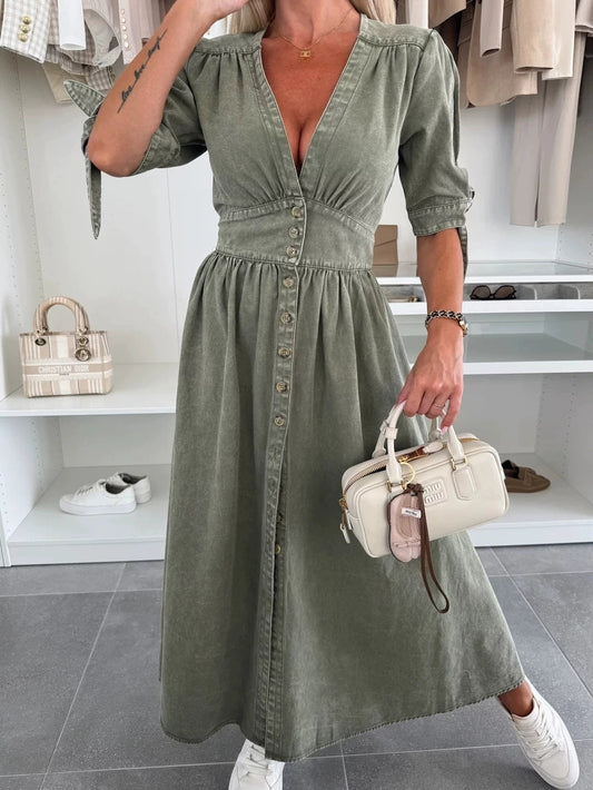 Julia|Robe Décolleté en Denim Chic Vert Armée