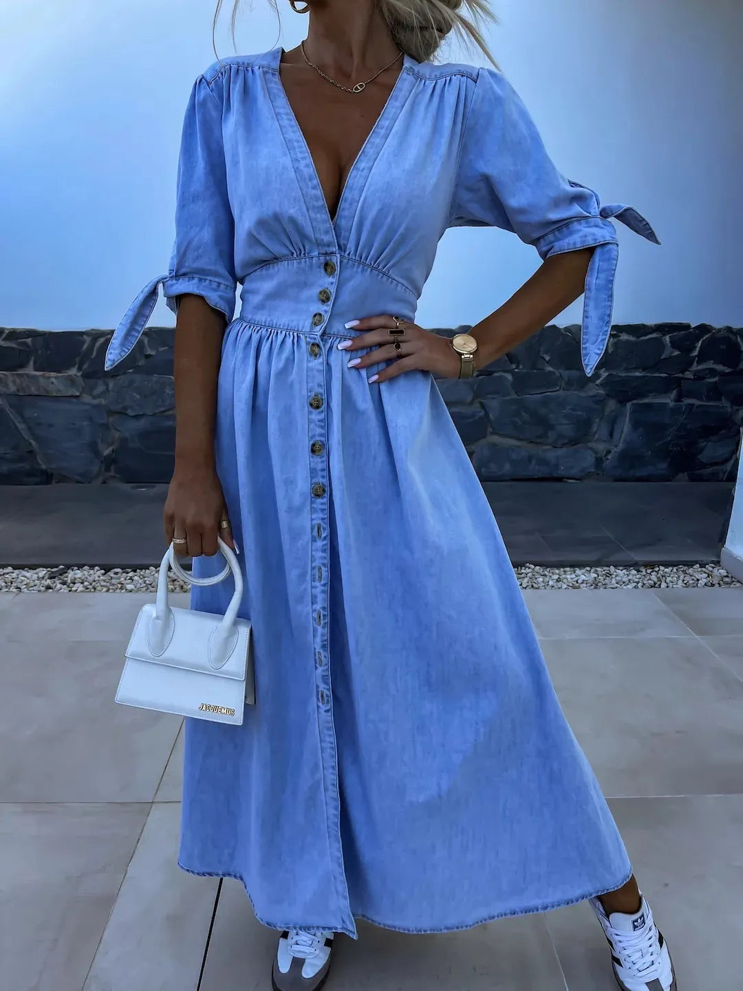 Julia|Robe Décolleté en Denim Chic Bleu Clair
