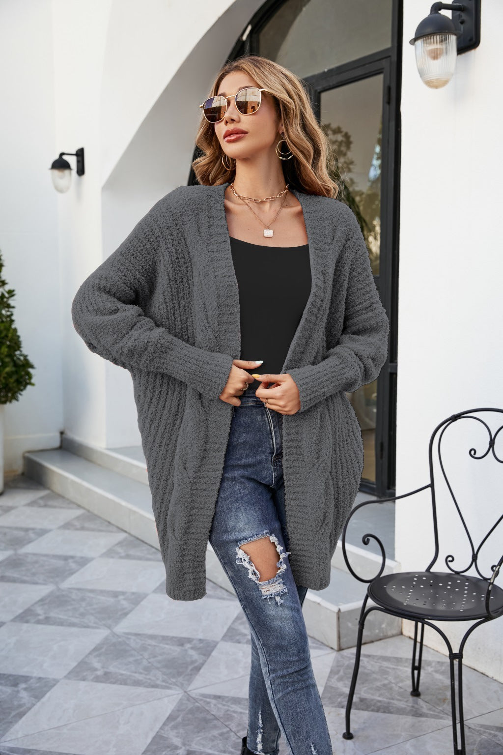 Cardigan Stylishly Décontracté en Tricot Gris