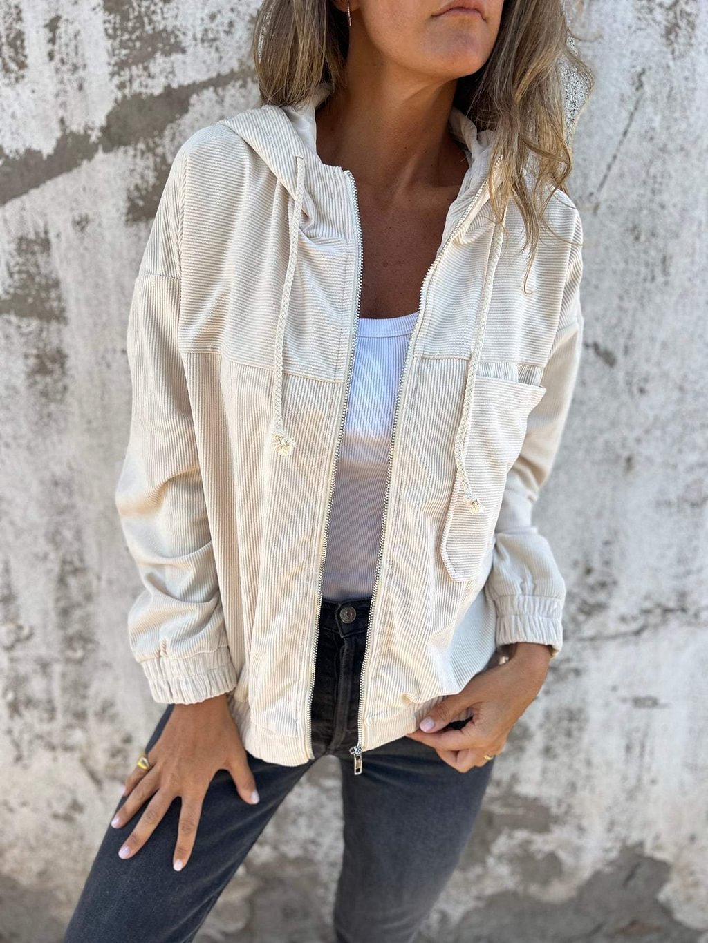 camille Manteau à Capuche en Velours Côtelé Beige