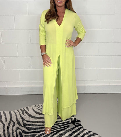 Costume deux pièces décontracté avec haut long et pantalon assorti Jaune