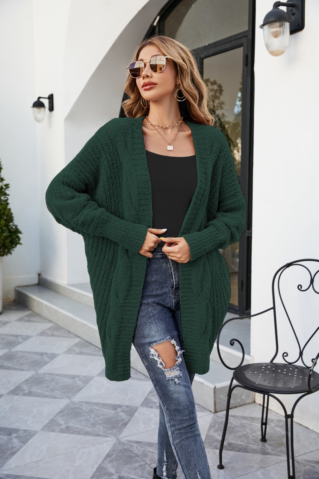 Cardigan Stylishly Décontracté en Tricot Vert