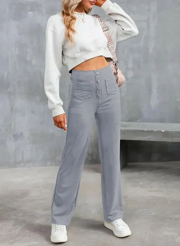 Pantalon Stylishly Taille Haute Extensible avec Poches Latérales Gris
