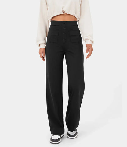 Pantalon Stylishly Taille Haute Extensible avec Poches Latérales Noir