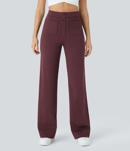 Pantalon Stylishly Taille Haute Extensible avec Poches Latérales Rouge foncé