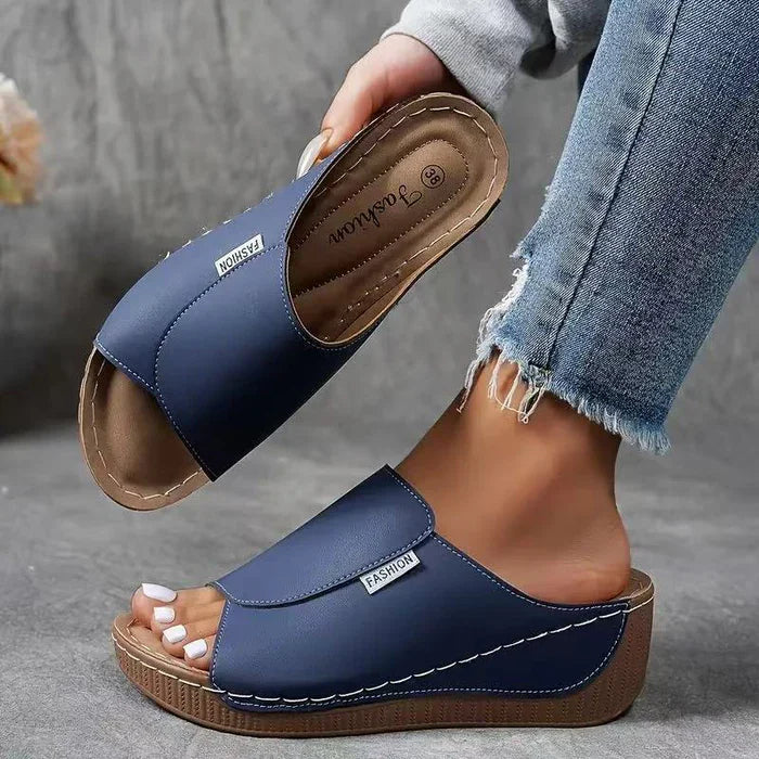 Lorena|Mules Compensées en Cuir Respirant Bleu foncé